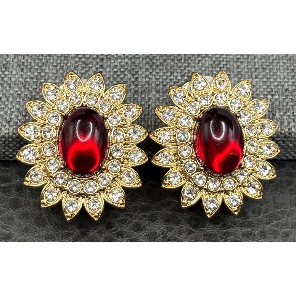 Vintage SCASSI CN Red Glass Cabochon Rhinestone Mogul Chunky Clip On Earrings